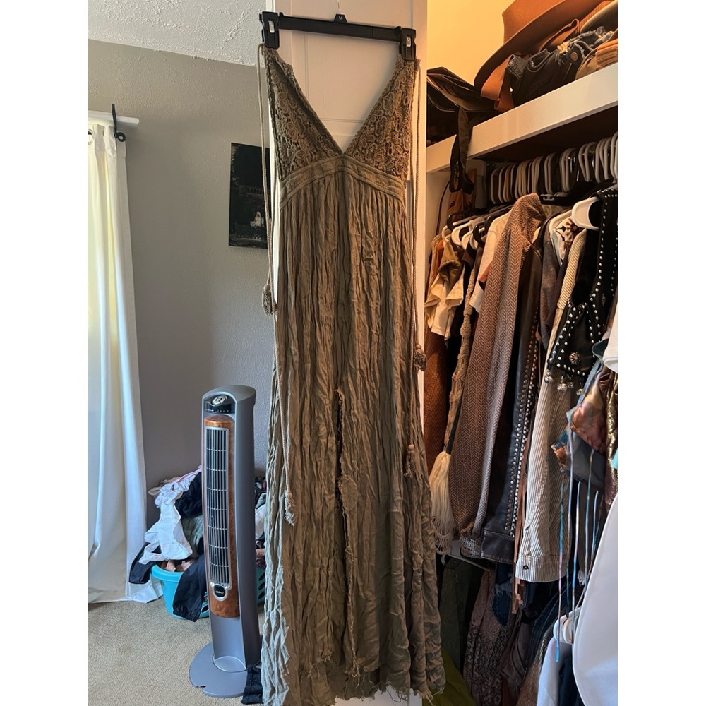 Distressed olive lace boho maxi dress